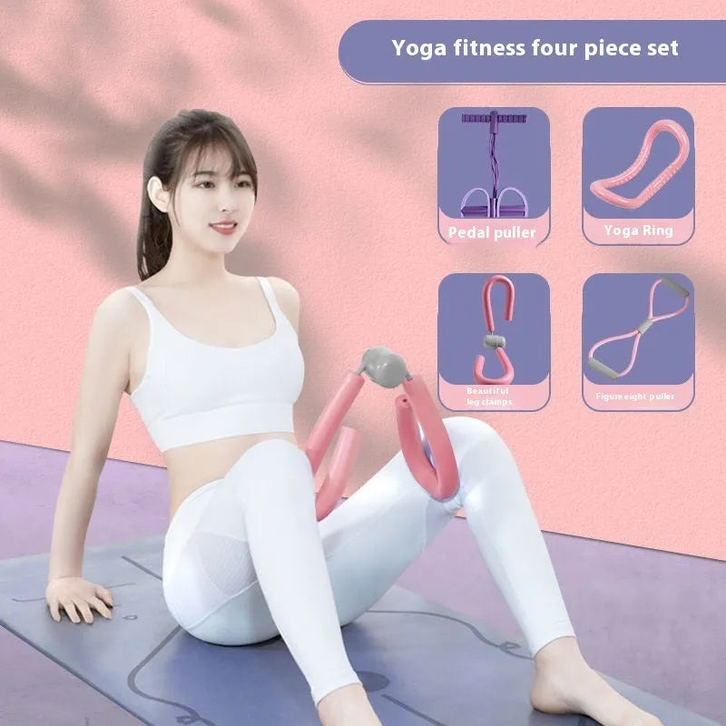 Yoga four piece fitness set showing leg beauty device, yoga ring, pedal tensioner, and figure eight tension rope.