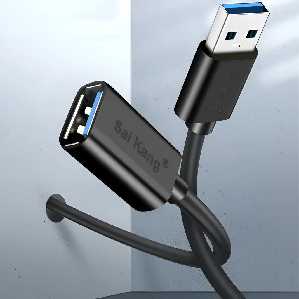 Black USB 3.0 and USB 2.0 male-to-female extension cable showing connector detail