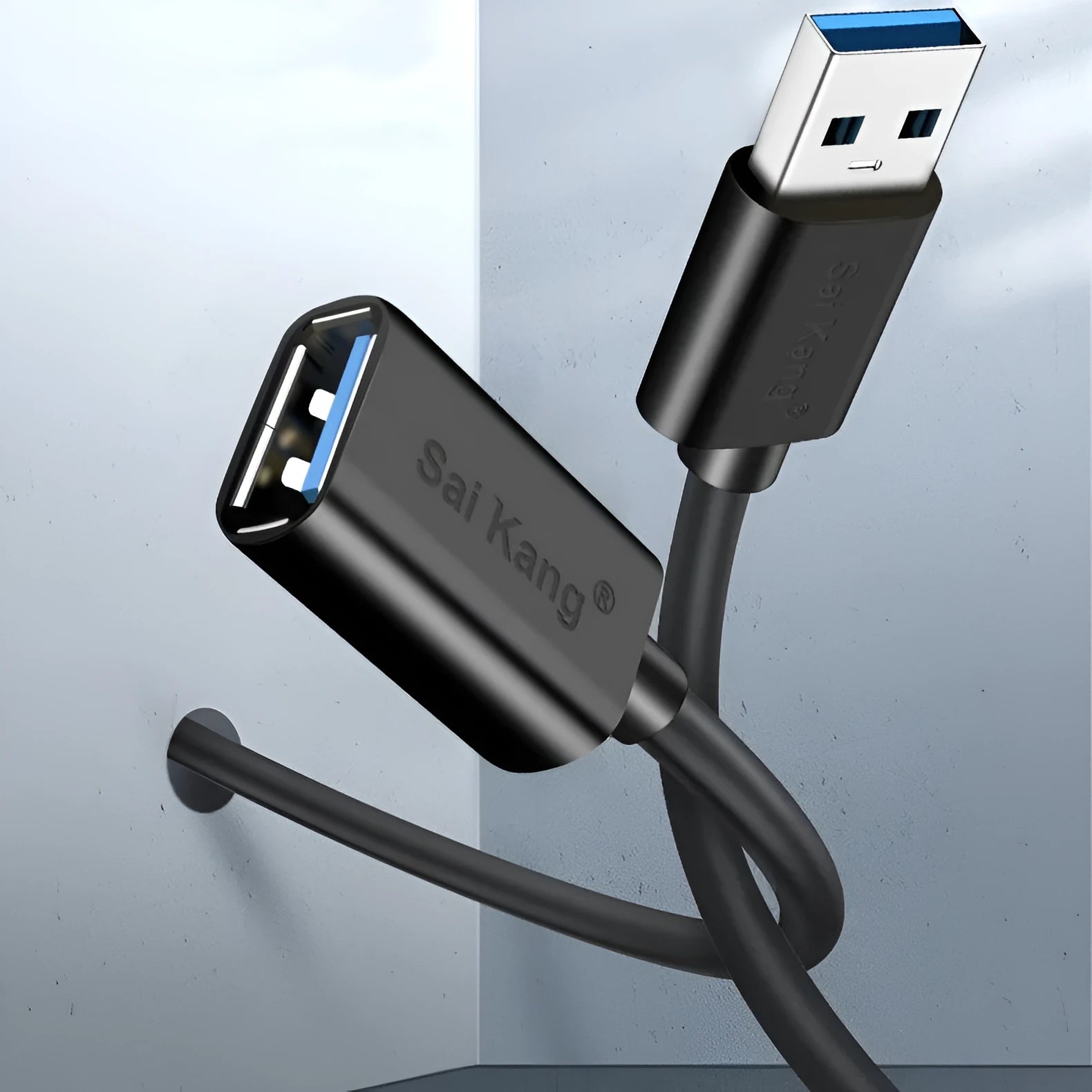 Black USB 3.0 and USB 2.0 male-to-female extension cable showing connector detail