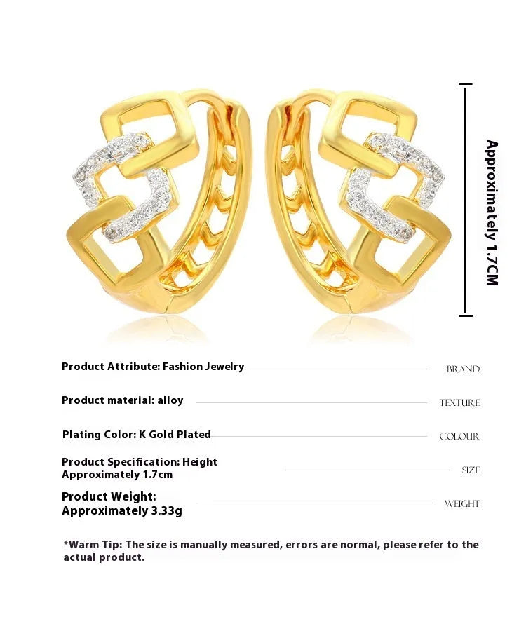 Gold geometric hollow-out alloy earrings with colour separation ear clip detail