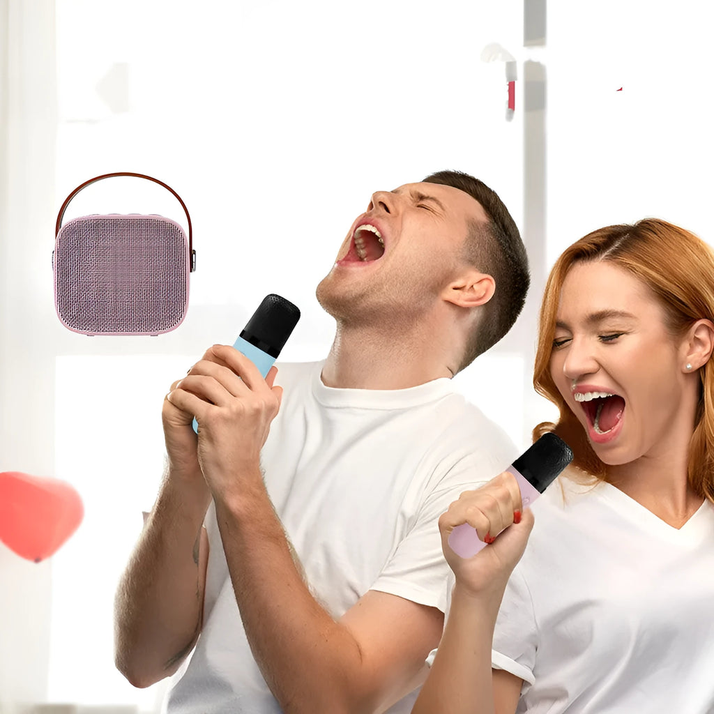 Portable Bluetooth speaker with microphone in white, pink or blue colour options showing compact dimensions