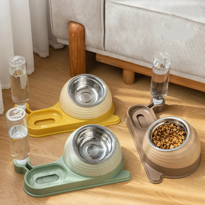 Brown elevated cat bowl with water dispenser bottle for automatic feeding