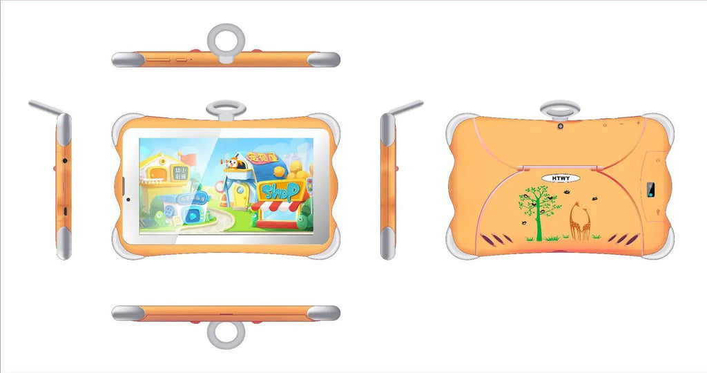 7-inch children's learning tablet in cartoon colours with a stand, showing the screen and 3G call function.