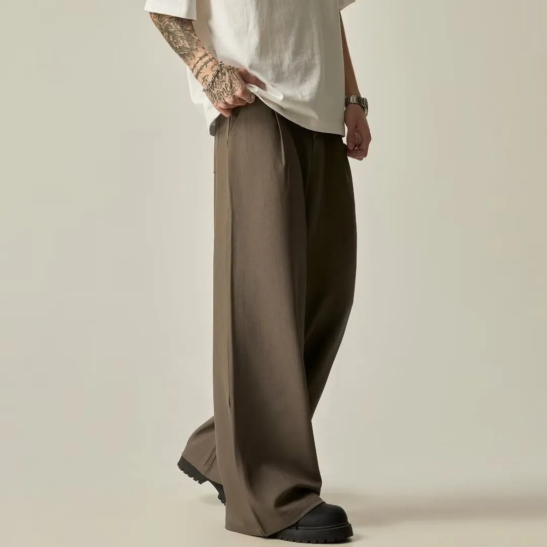 Men's black vertical tube wide-leg casual trousers with cardigan button leg opening