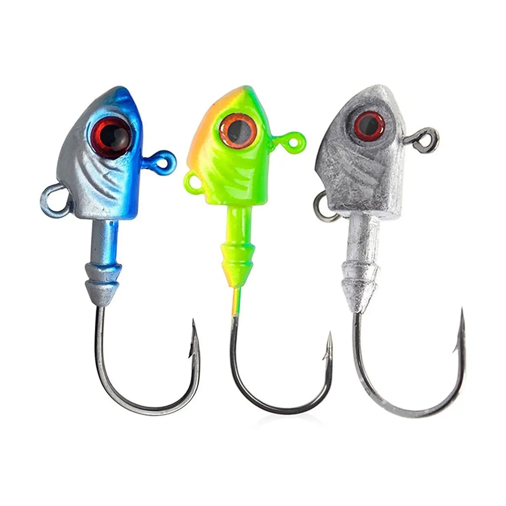 Simulated Yayu shaped lead head fishing hooks in blue, silver, and yellow, showing various weights from 3.5g to 28g.