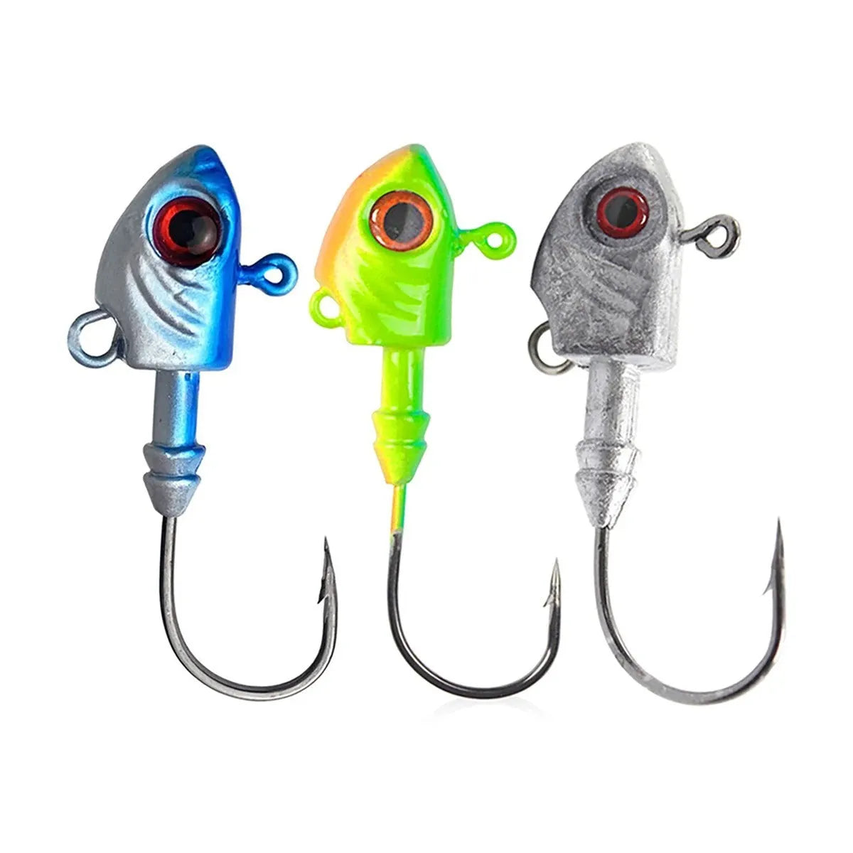 Simulated Yayu shaped lead head fishing hooks in blue, silver, and yellow, showing various weights from 3.5g to 28g.