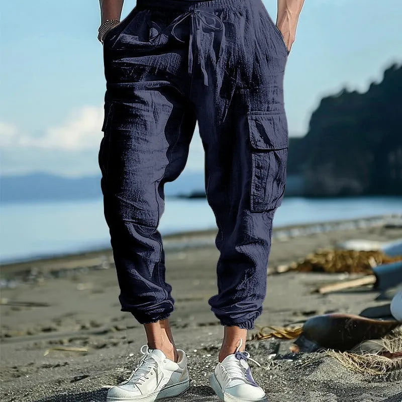 Men's linen casual trousers with ankle ties and drawstring waist in solid colour