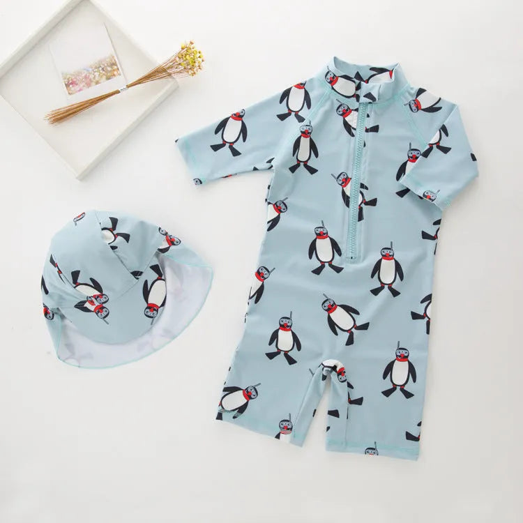 Boys penguin print long sleeve swimsuit with matching swimming cap
