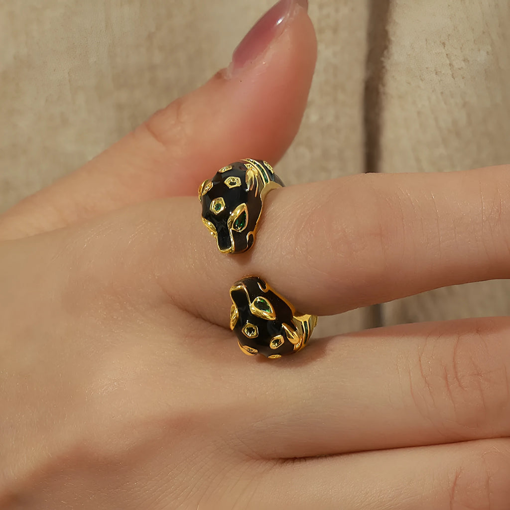 Black cheetah pattern open ring with geometric oil dripping design on copper