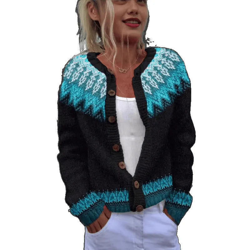 Yellow women's knitted cardigan coat with a 3D digital print pattern.