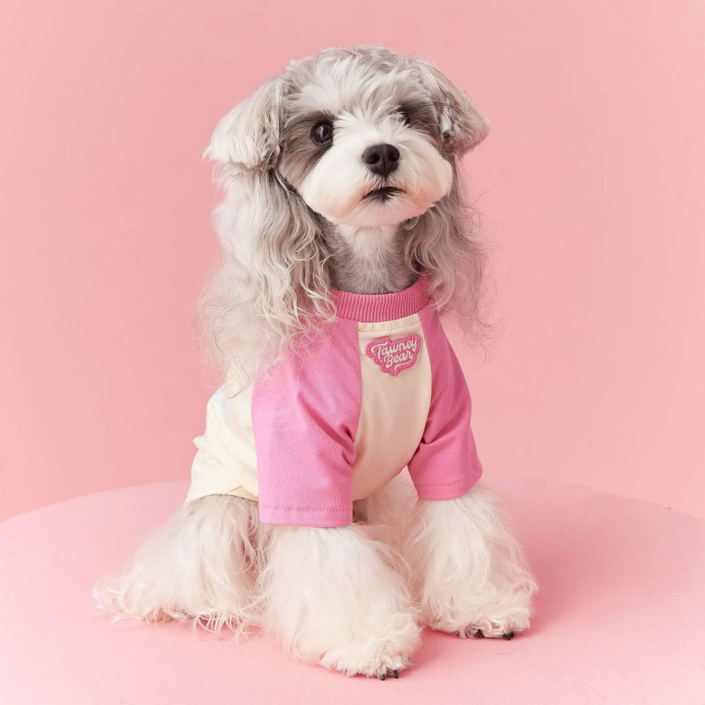 Red embroidered cotton summer clothes for a dog on a size chart showing XS to XXL.