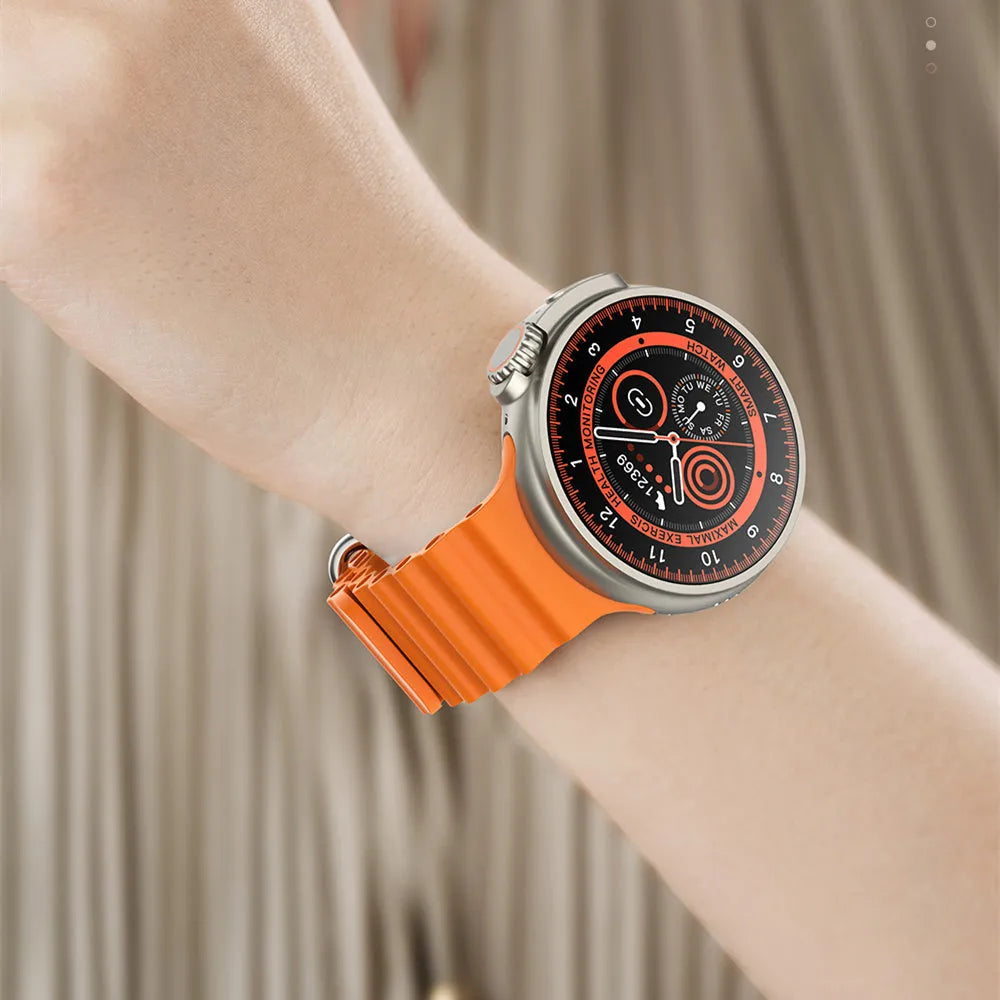 K9 smart watch with round screen and silicone strap showing NFC payment and health tracking features