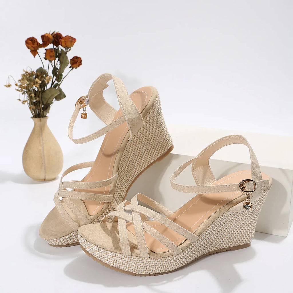 Women's wedge sandals with fish mouth toe design in black or milky white colours