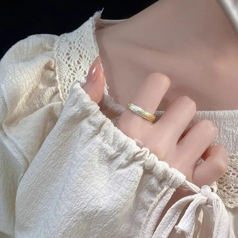 White copper open mouth adjustable ring with geometric fairy style and Xiangyun pattern design in electroplated silver or gold finish