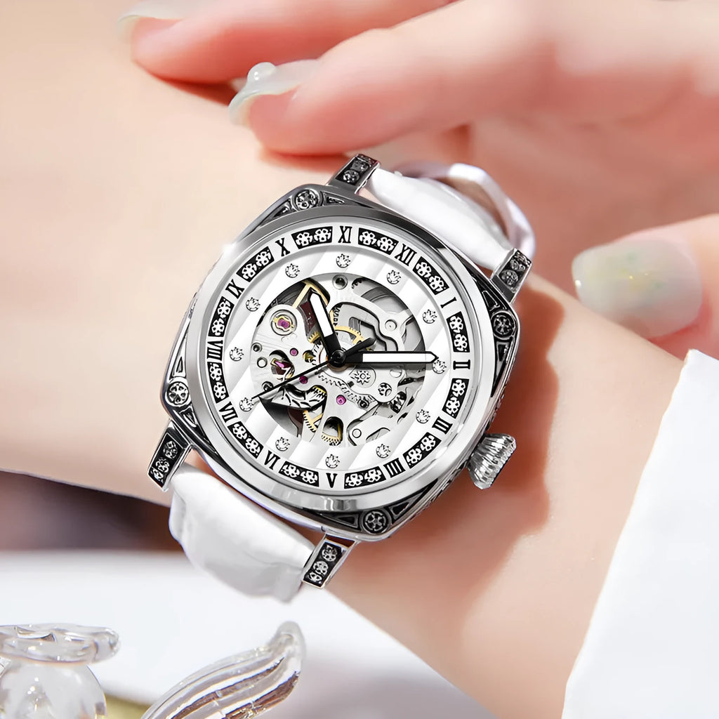Mechanical watch with luminous hands and leather strap in choice of colours