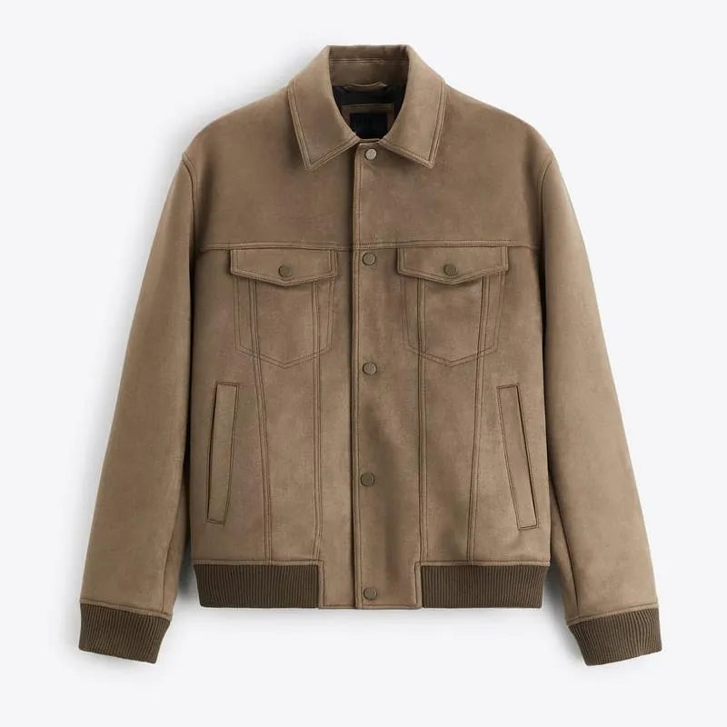 British style suede velvet commuter jacket in light grey or mink colour, made from spandex fabric.