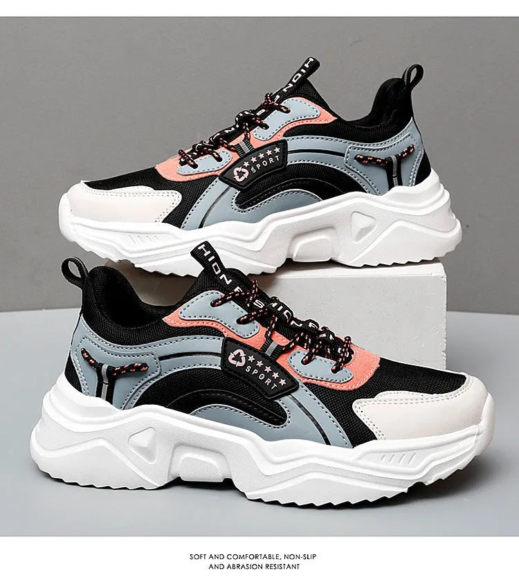 White women's casual sports shoes with mesh upper, thick PU sole, and lace closure.