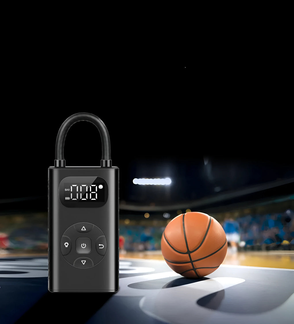 Black M09X portable electric air compressor power bank for car and motorcycle tyre inflation with USB cable