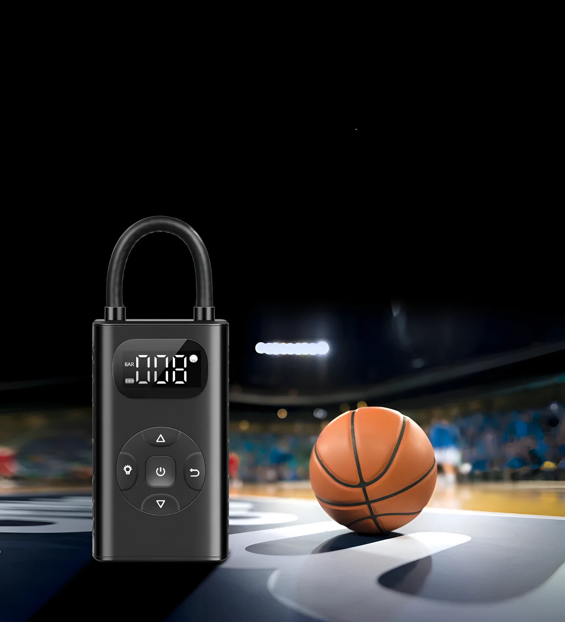 Black M09X portable electric air compressor power bank for car and motorcycle tyre inflation with USB cable