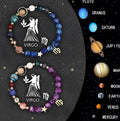 Natural stone zodiac sign bracelet with crystal charm on an elastic strap, showing two bracelets from the set.