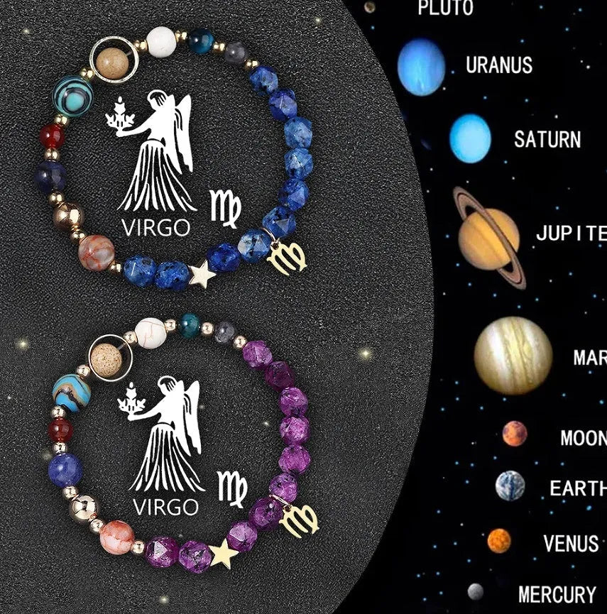 Natural stone zodiac sign bracelet with crystal charm on an elastic strap, showing two bracelets from the set.