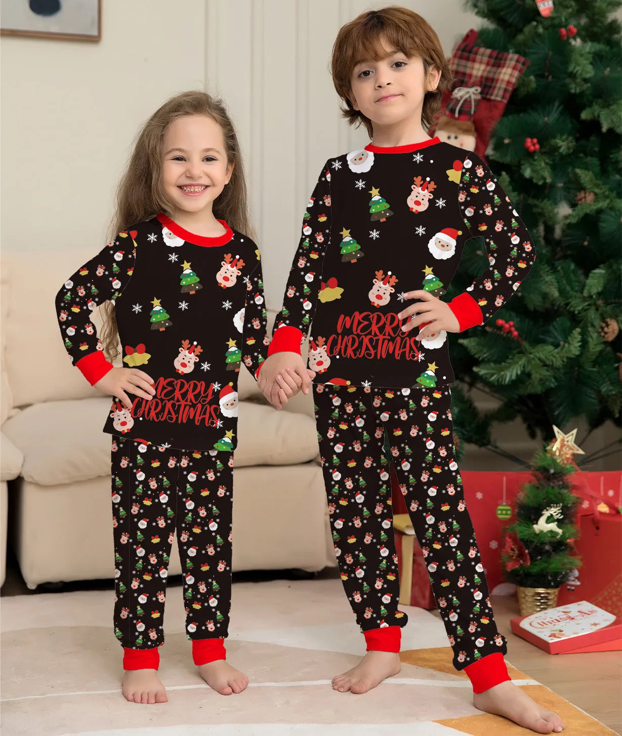 Family Christmas matching cotton pajamas set with plaid and cartoon designs for babies, children, adults and dogs