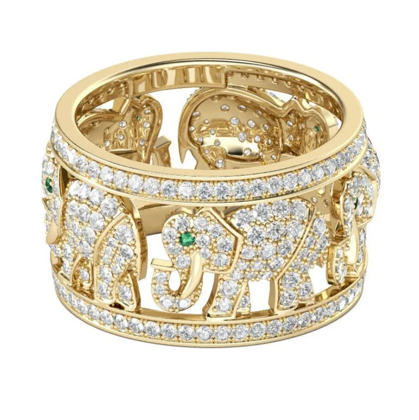 Close-up of a creative alloy ring featuring a full diamond elephant design on a finger, shown in silver and themed colour options.