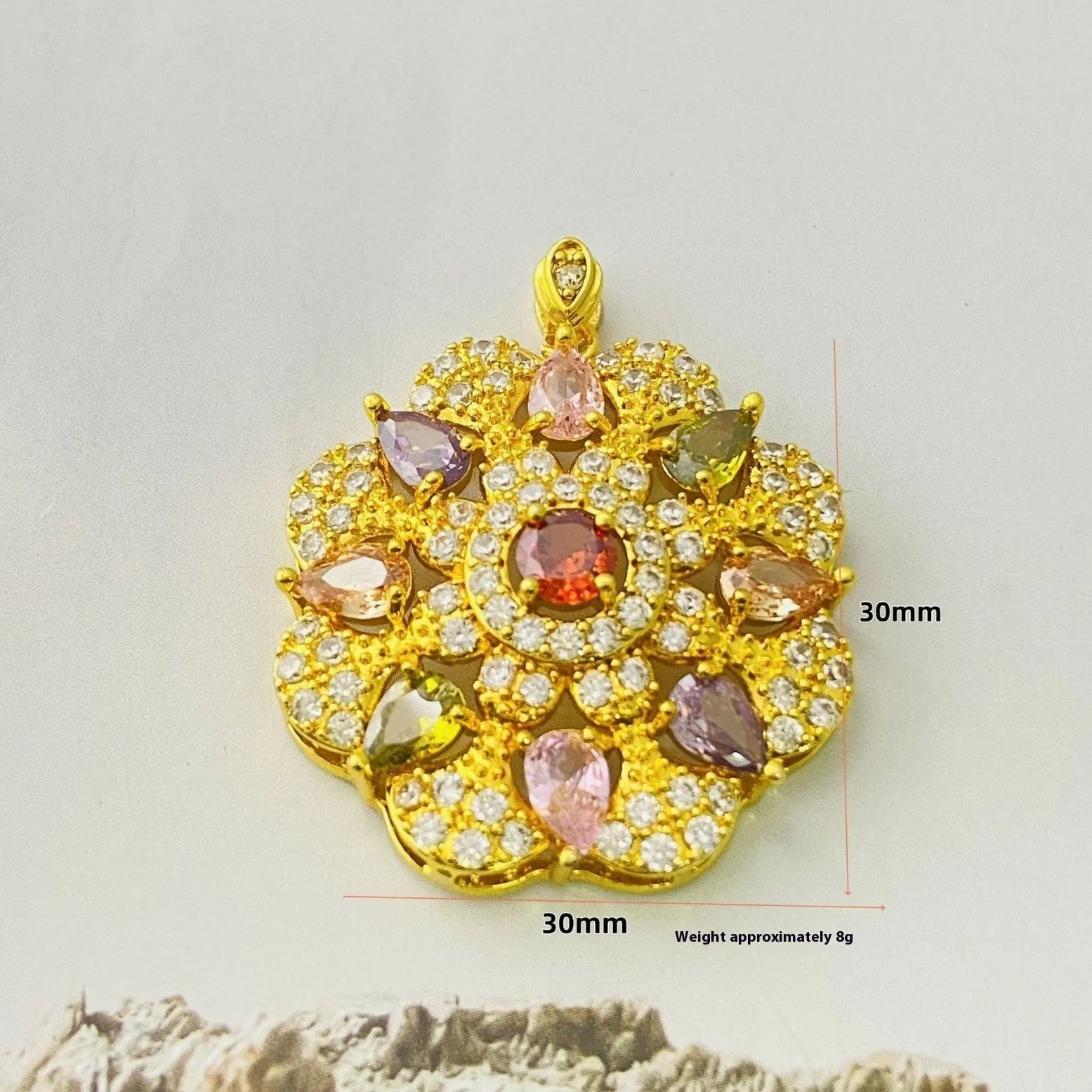 Women's floral zircon pendant necklace in gold tone with colourful stone flower design