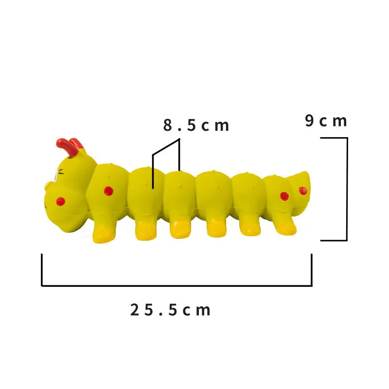 Yellow caterpillar-shaped rubber squeaky dog toy for small medium breeds.