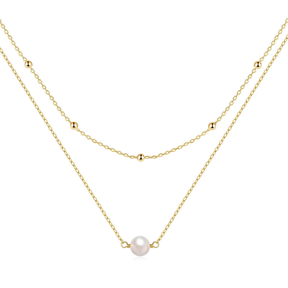S925 sterling silver double layer necklace with twin pearls and geometric pendant on ball bead chain