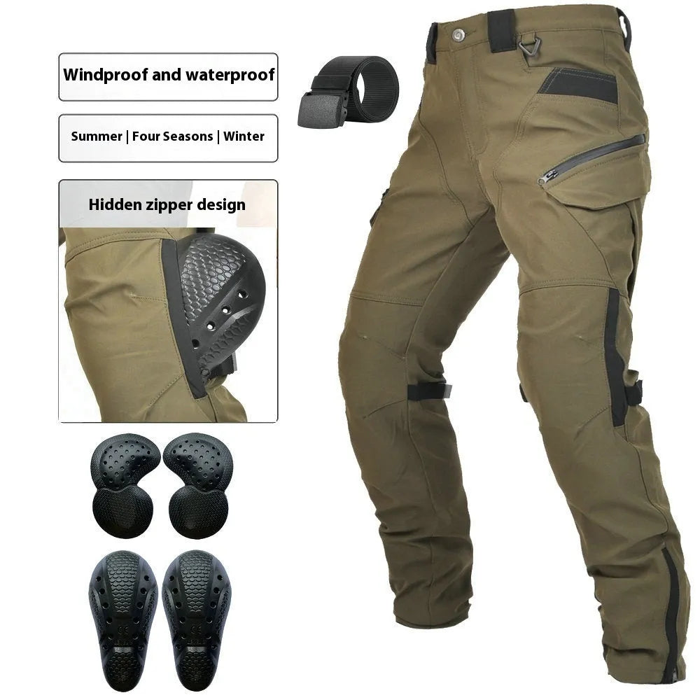 Men's waterproof motorcycle cycling trousers with protective gear in black or green colour options