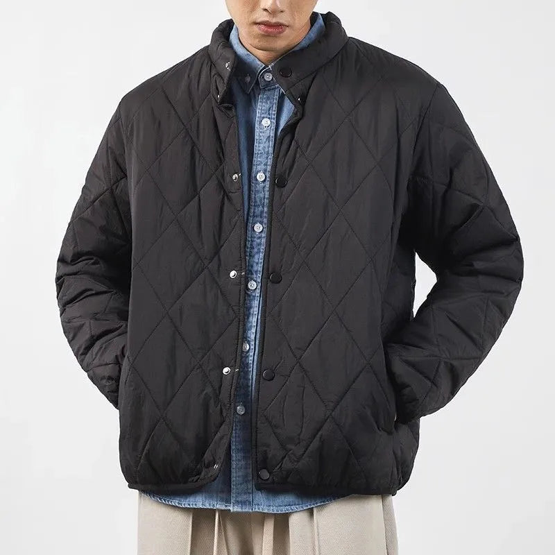 Men's black diamond lattice quilted winter jacket with lengthened cut and loose fit