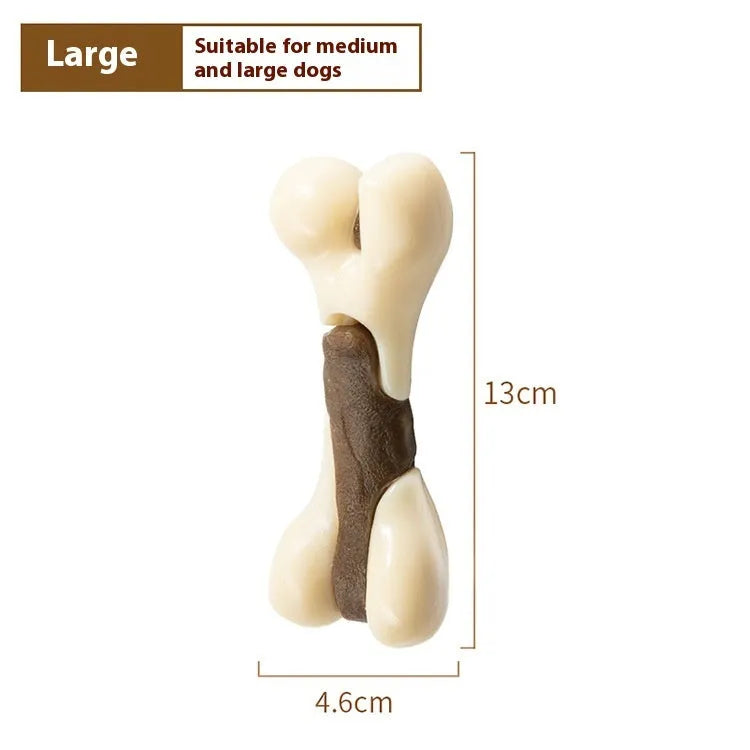 Cowhide and nylon bone-shaped dog chew toy in two sizes, large and small.