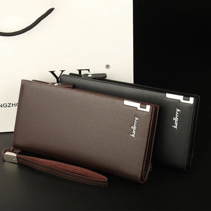 Men's black PU leather wallet with a long silver zip closure.