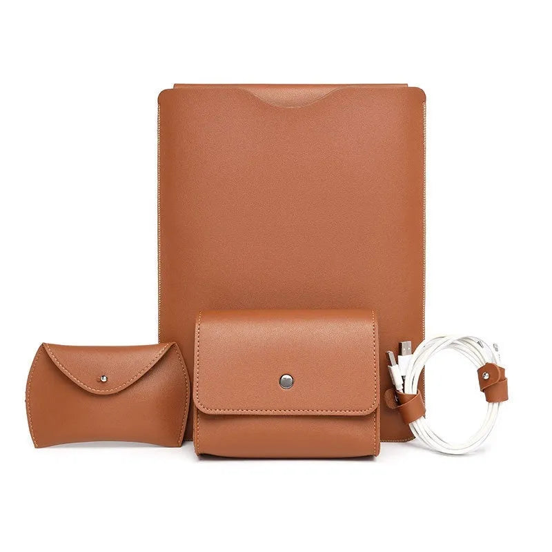 Four-piece imitation leather MacBook edge protector set shown in brown, grey, apricot, and light pink.