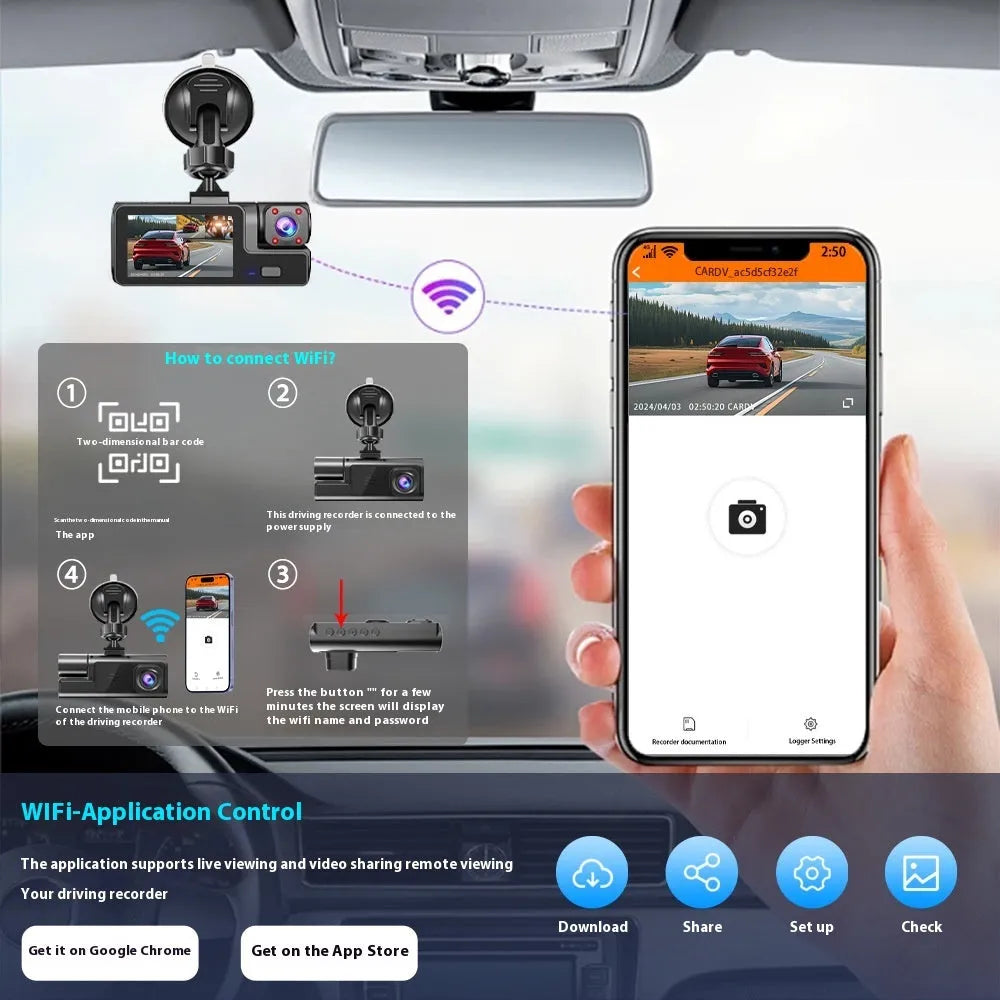 WiFi car driving recorder on a windscreen with a 2-inch screen showing a rearview camera image.