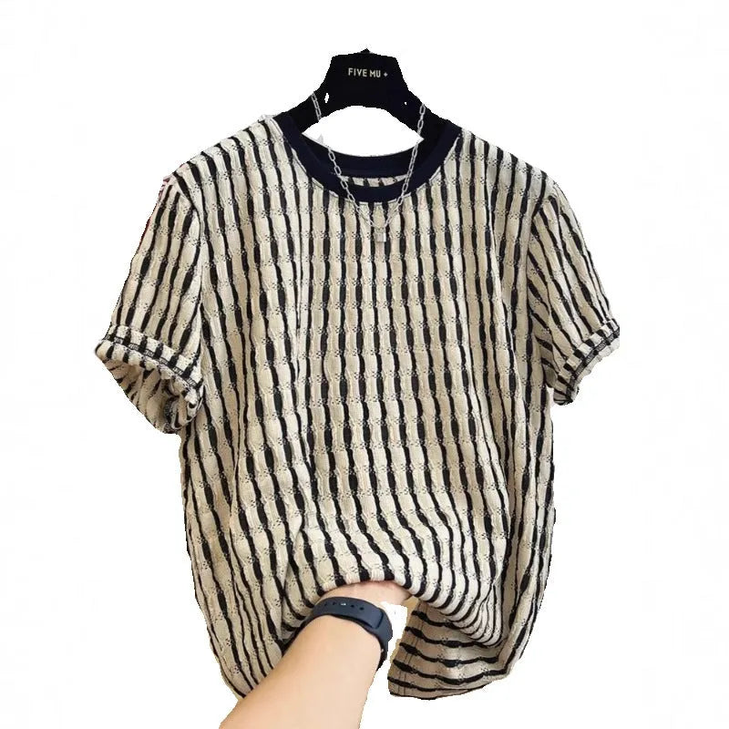 Black striped men's casual shirt with loose fit and short sleeves