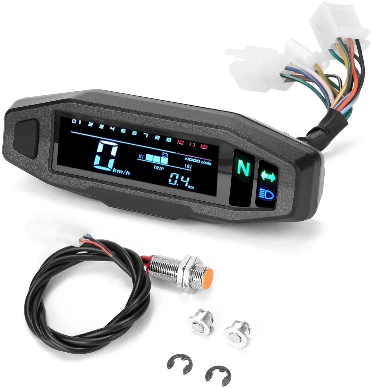 Black motorcycle mini speedometer with LCD display showing oil gauge and speed readings