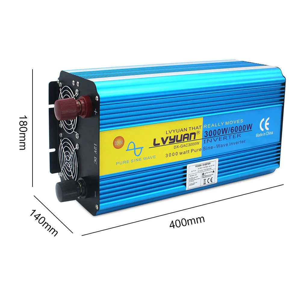 Blue 3000W pure sine wave car inverter with digital displays and UK sockets