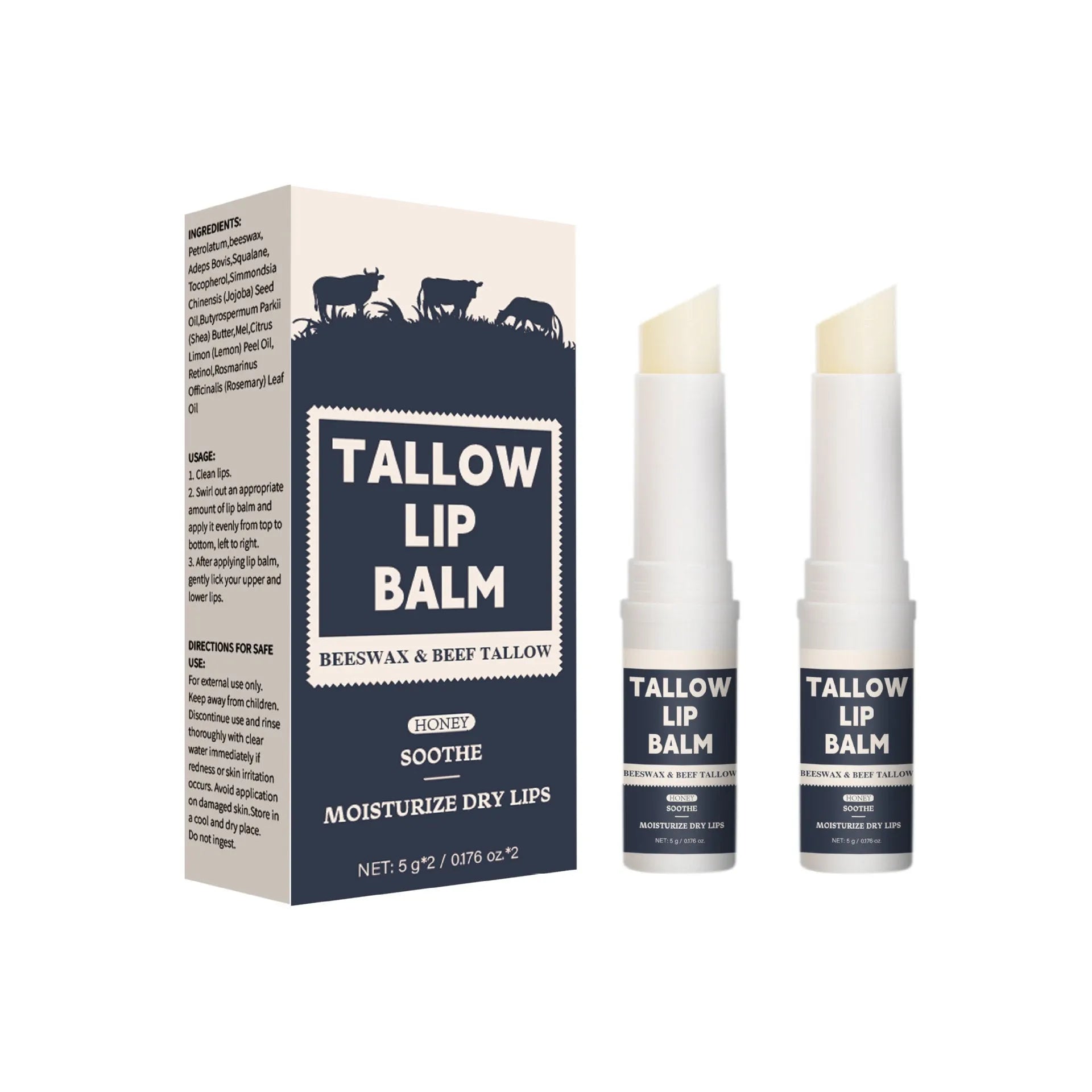 Two beef tallow lip balms with light grain formula for soft, moisturised lips
