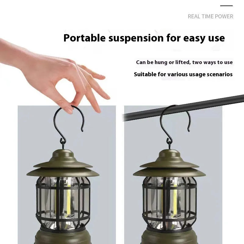 Portable head lamp camping lantern in dark green, black, or red colours with compact dimensions