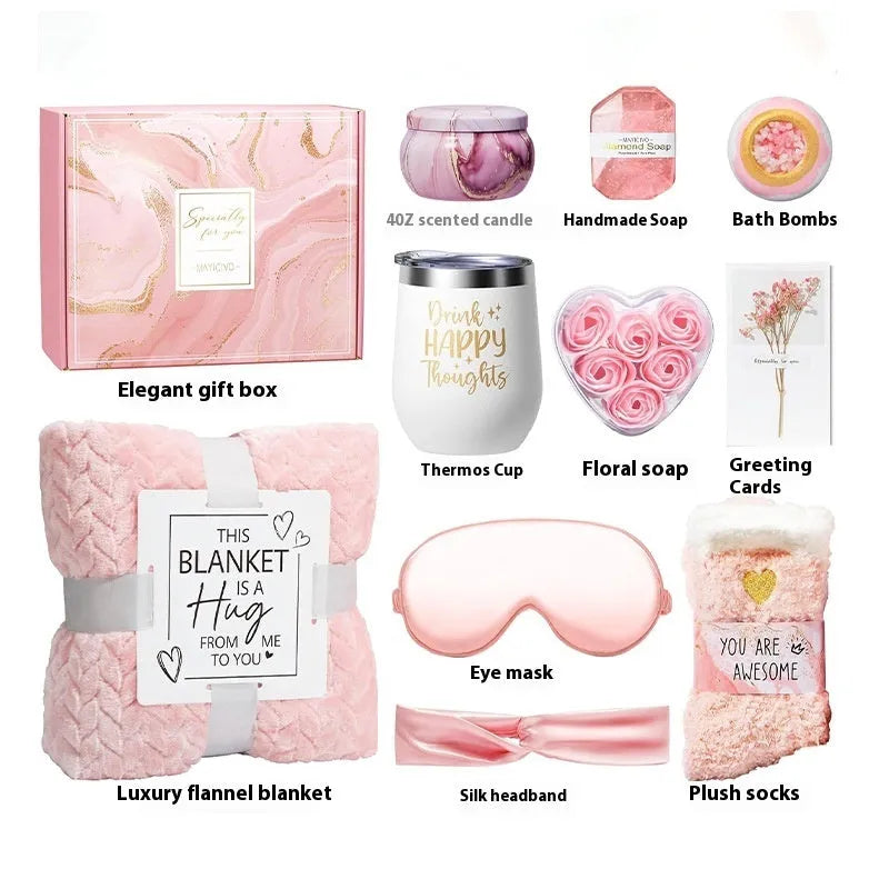 Aromatherapy gift set with candle, soap, and bath bomb in a modern simple-style plastic box.