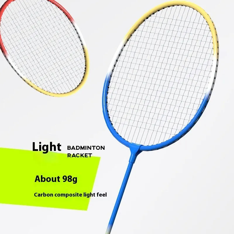 A pair of blue and red ultra-light alloy badminton rackets with steel shafts laid side by side.