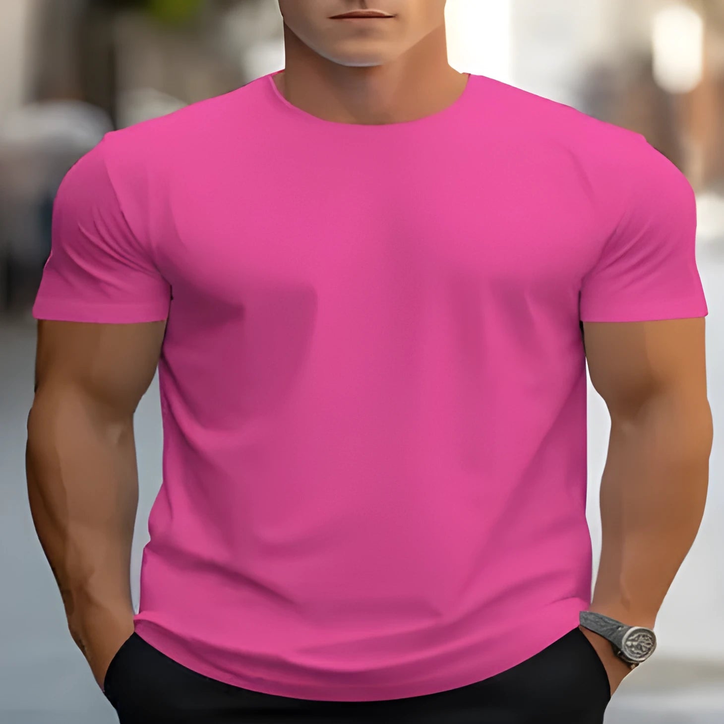 Men's loose fit round neck short sleeve t-shirt with a custom colour print on bird eye cloth fabric.