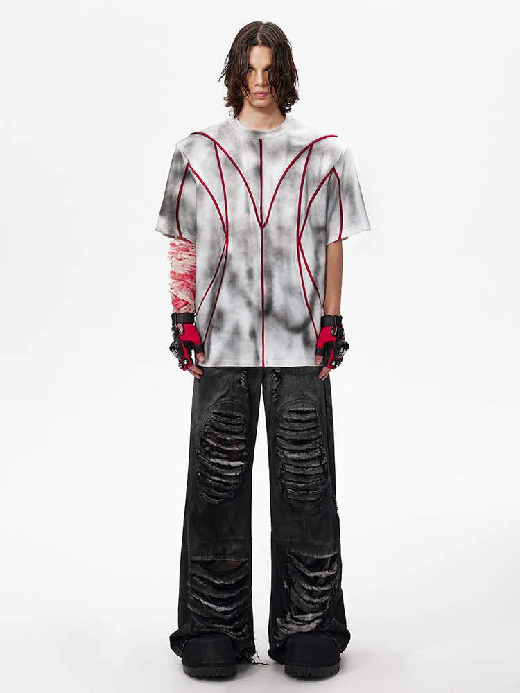 Women's light grey T-shirt with padded shoulders and textured white line patchwork detail on the front.