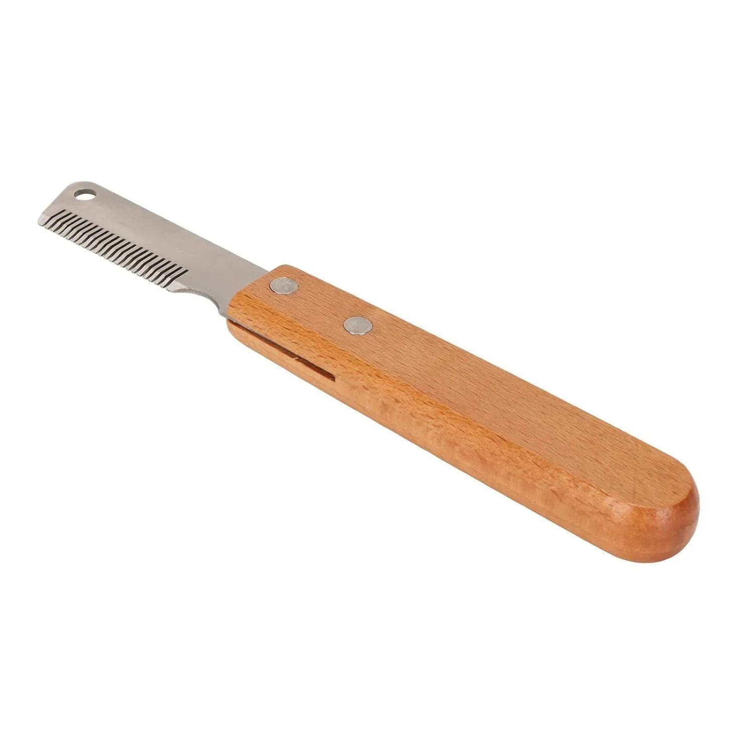 Pet stripping comb with wood handle for removing floating hair and mats from dogs and cats.