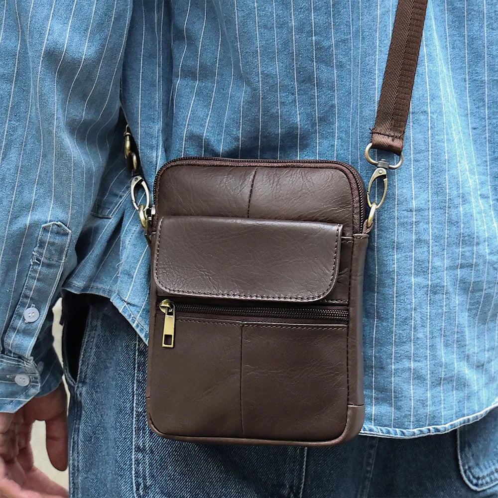 Men's brown genuine leather crossbody shoulder bag with shoulder strap and sewing line detailing