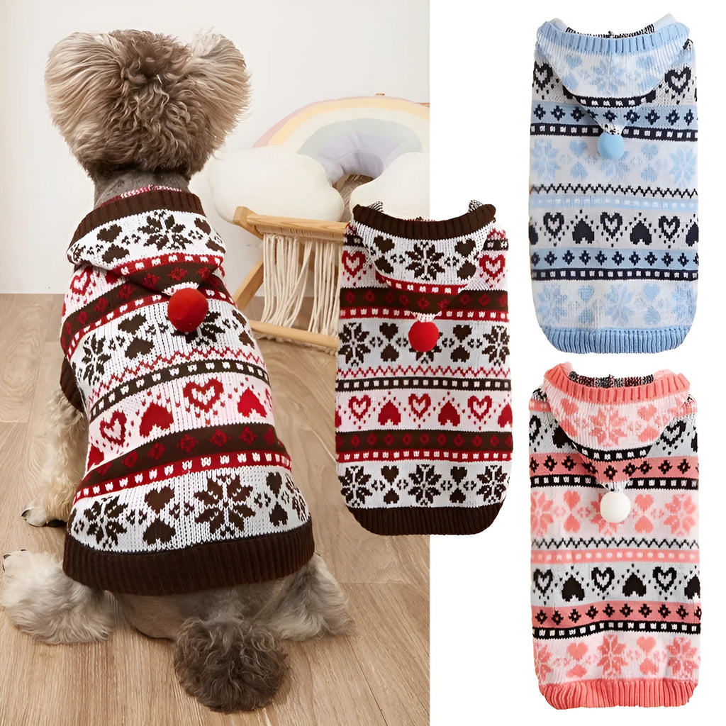 Pink blue grey camouflage patterned knitted dog sweater with snowflake design for small winter dogs