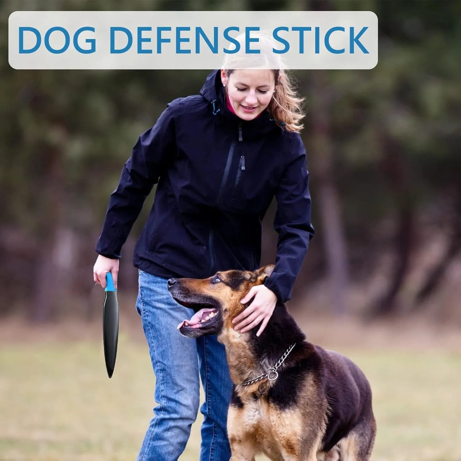Blue handled nylon dog training break stick for small and medium breed bite control.