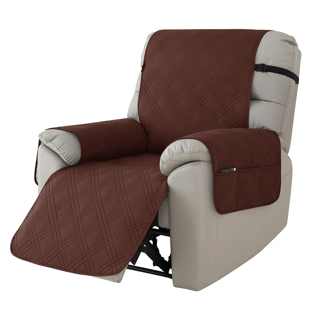Chivas massage chair sofa cover in quilted burgundy fabric on a small single sofa